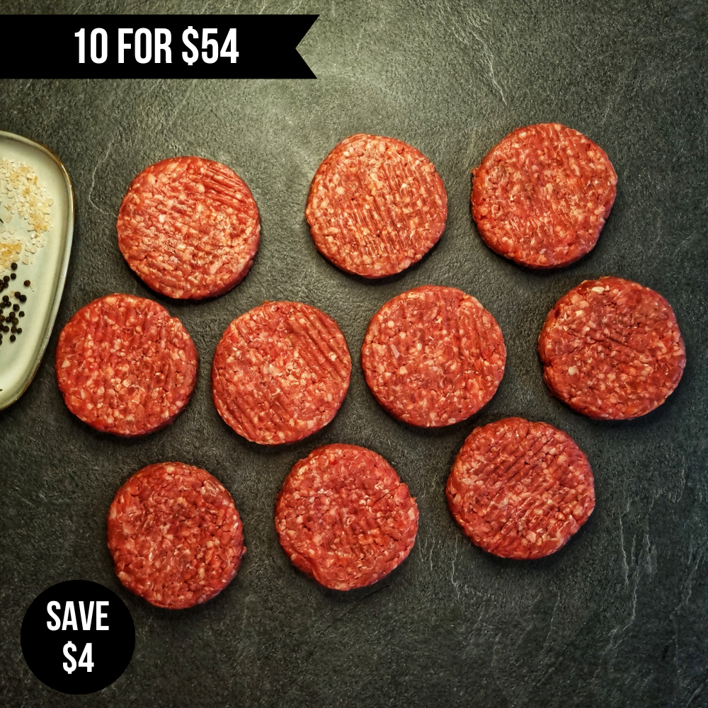 10pcs x 150g King Island Yearling Grass Fed Angus Beef Burgers "Gluten Free"