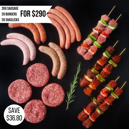 2kg Sausage, 20 Burgers, 20 Shaslicks