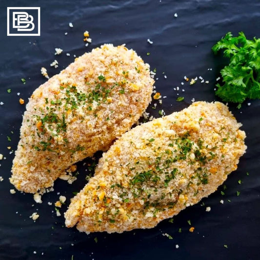 Chicken Kiev, Chicken Breast stuffed with our special in house made Garlic & Herb Butter then coated with Breadcrumbs
