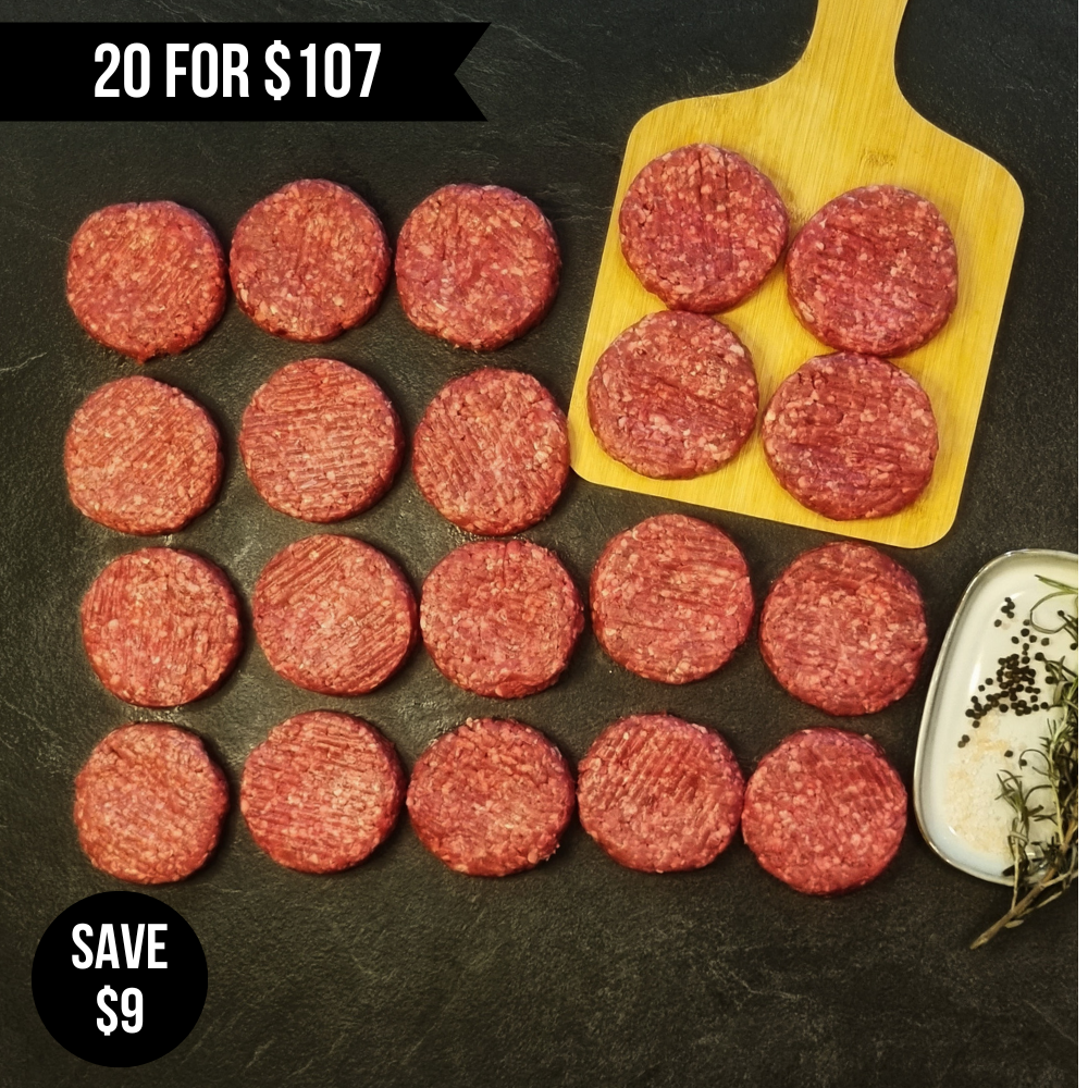 20pcs x 150g King Island Yearling Grass Fed Angus Beef Burgers "Gluten Free"